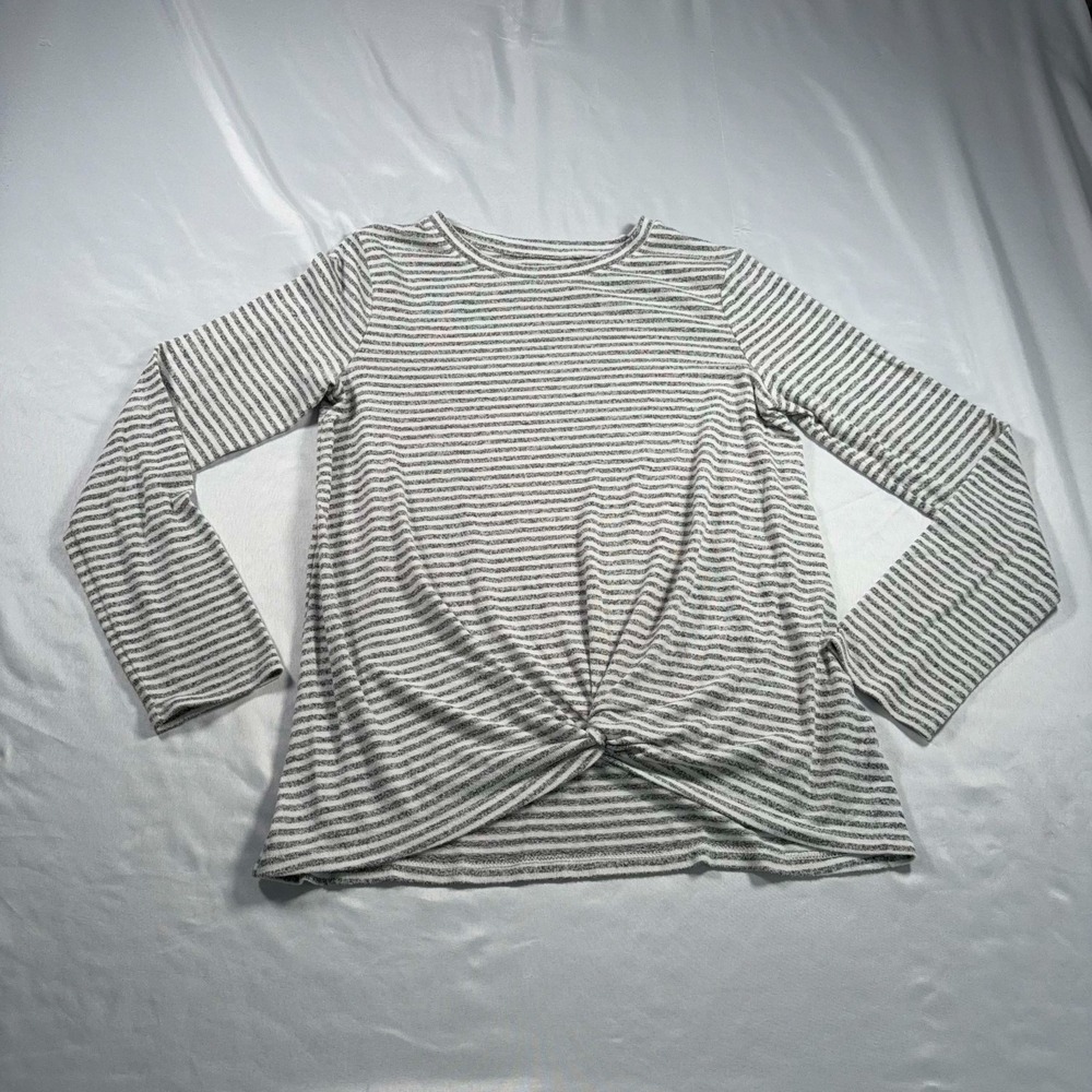 Cat & Jack Girls XL Gray White Striped Twist Front Long Sleeve Casual Knit Top